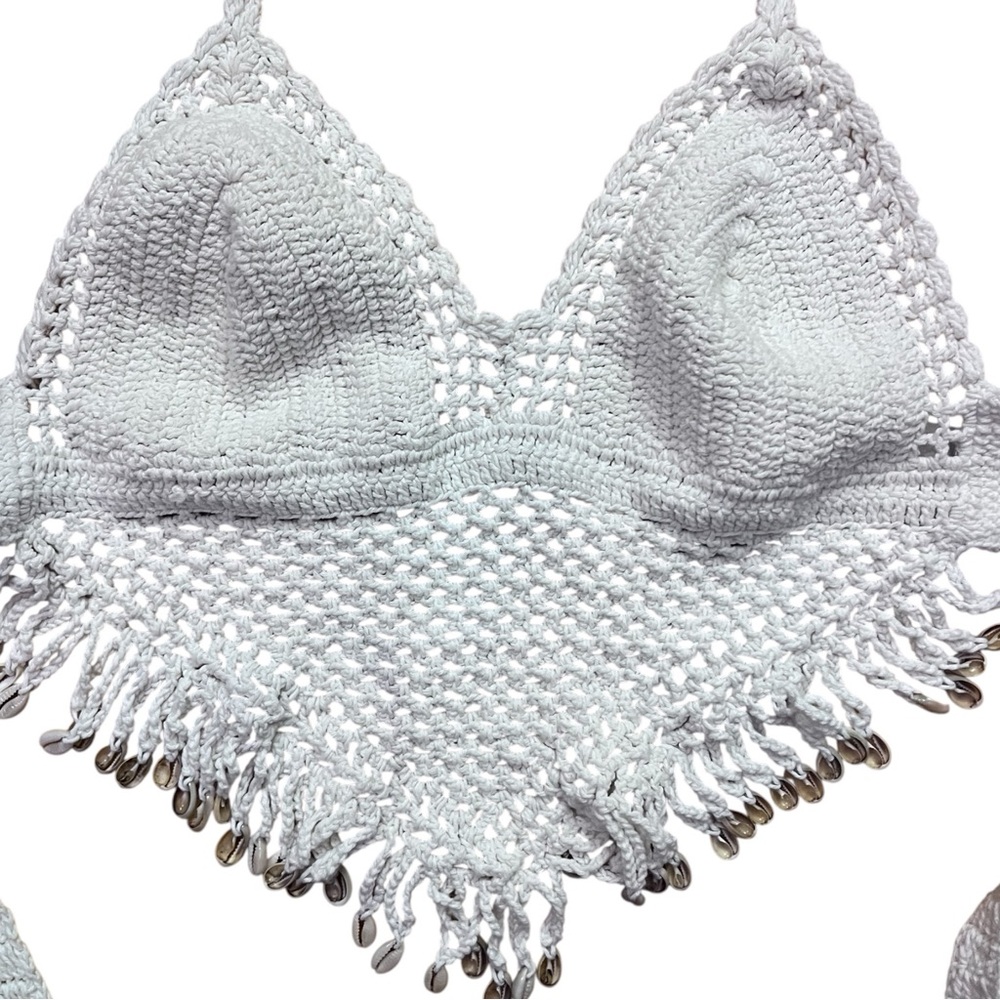 White Crochet Fringe Halter Top with Shells - Picture 1 of 6